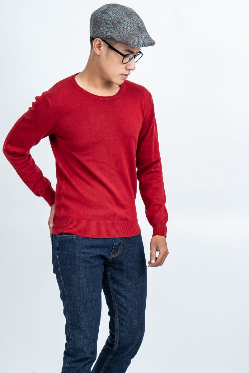 Áo len nam Novelty regular fit cổ tròn trơn màu đỏ đô NALMMDNACR180577T