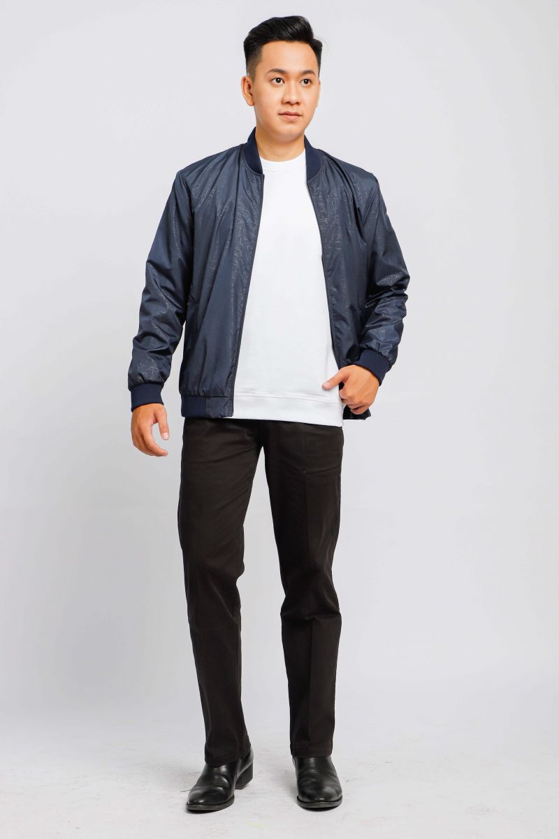 Áo Khoác Jacket 2 lớp Novelty cổ bomber họa tiết in chìm màu xanh đen NJKMMDMPLR2203372