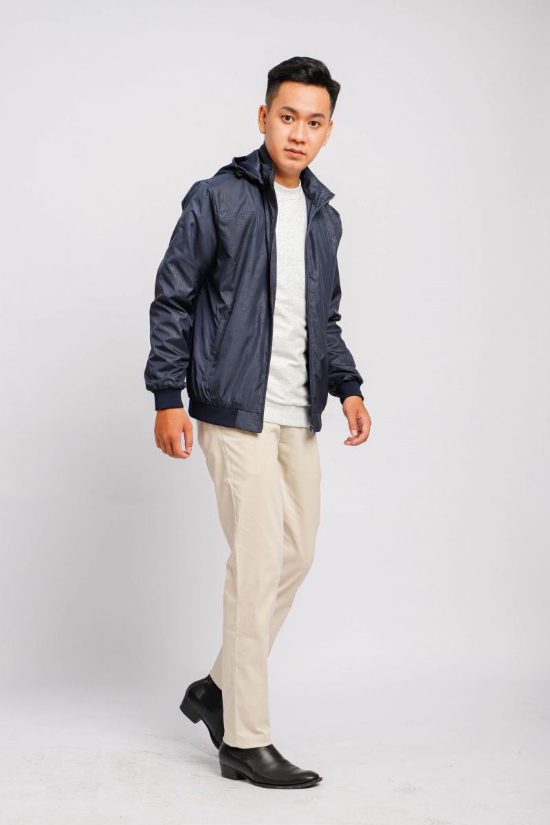 Áo jacket nam in chìm nón rời Novelty xanh đen NJKMMDMPLR2203172