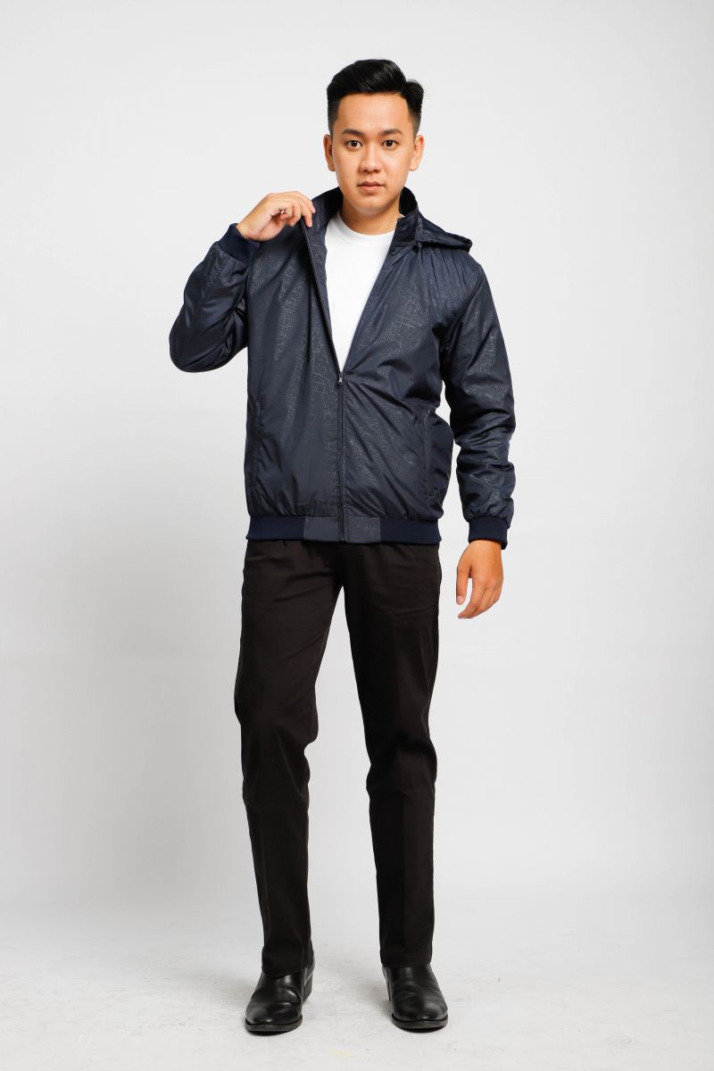 Áo jacket nam in chìm nón rời Novelty xanh đen 2203252