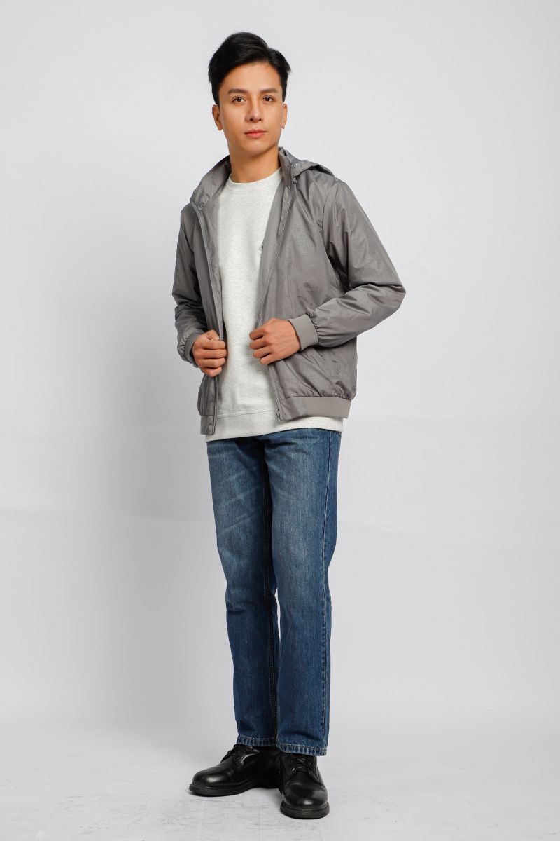 Áo jacket nam in chìm nón rời Novelty xám nhạt NJKMMNMPLR2203192