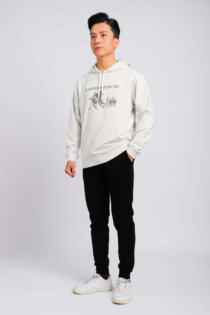 Áo Thun Nĩ Hoodie Melange Dài Tay Có Nón Novelty xám trắng 220351A