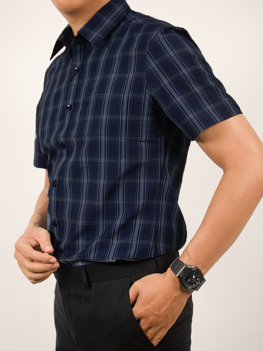 Áo sơ mi nam ngắn tay Novelty Regular fit Caro lớn xanh dương NSMMCLMTCR230435N