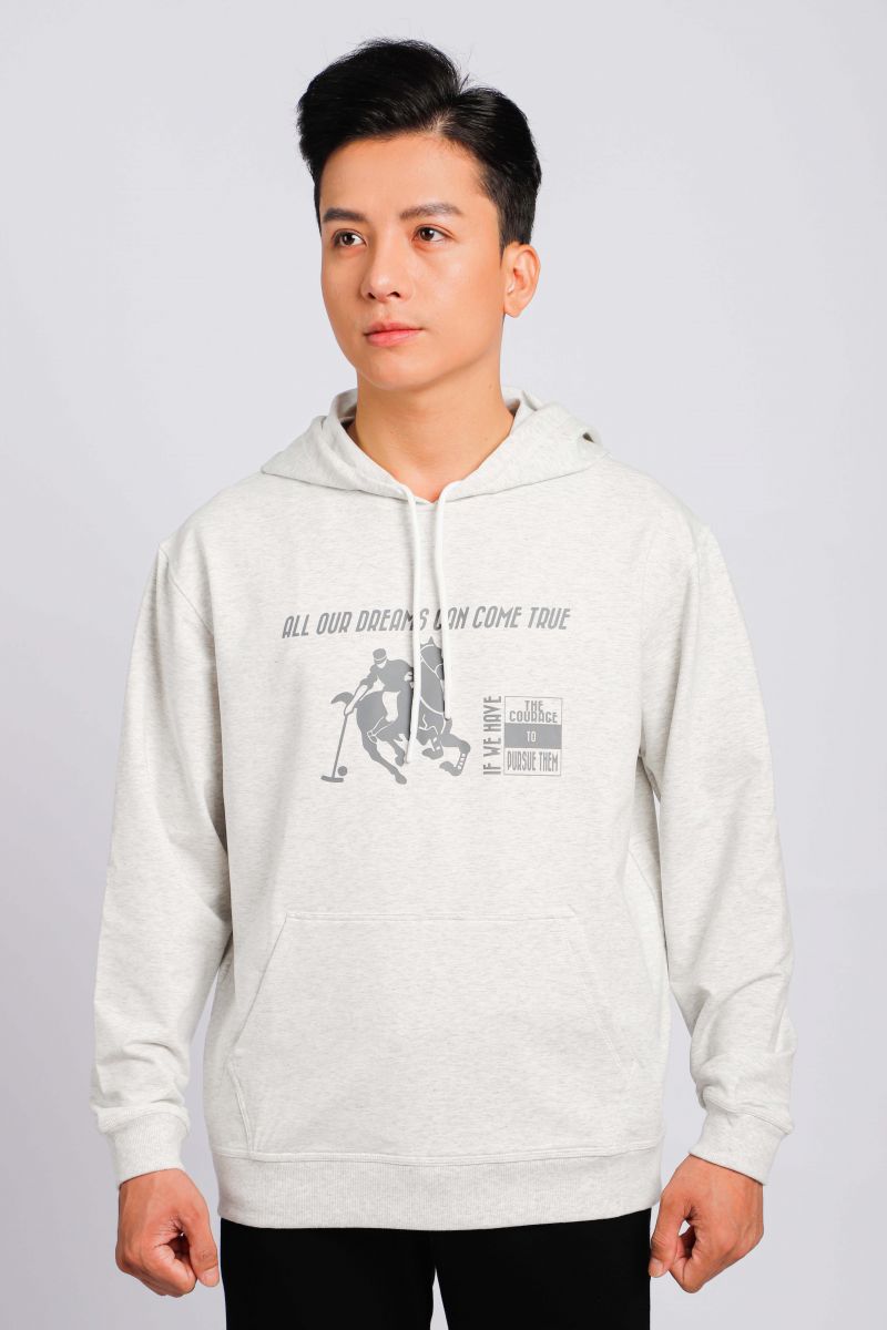 Áo Thun Nĩ Hoodie Melange Dài Tay Có Nón Novelty xám trắng 220351A