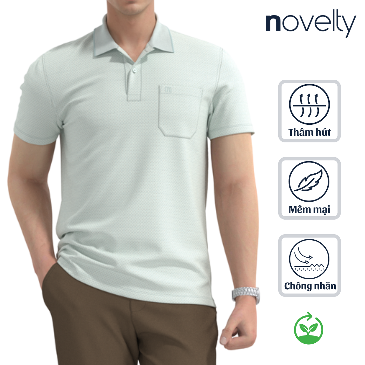 ÁO POLO NAM NOVELTY REGULAR FIT MODAL CÓ TÚI HOA VĂN TRẮNG XANH BẠC HÀ NATMINMT3R250425N