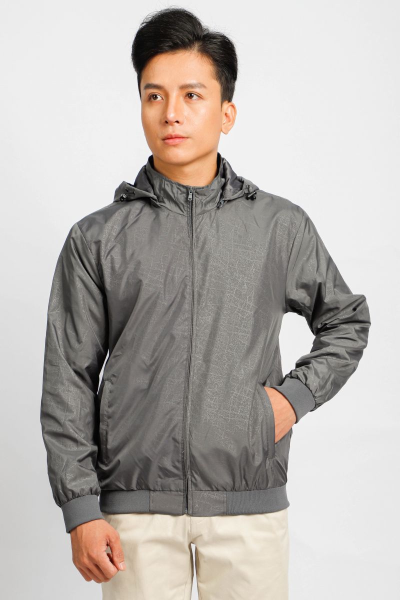 Áo jacket nam in chìm nón rời Novelty xám đậm NJKMMDMPLR2203262