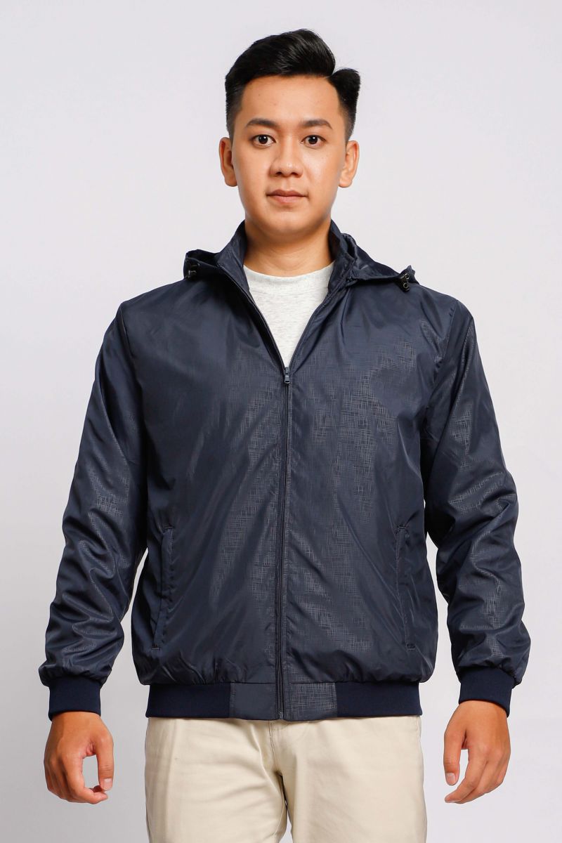 Áo jacket nam in chìm nón rời Novelty xanh đen NJKMMDMPLR2203172