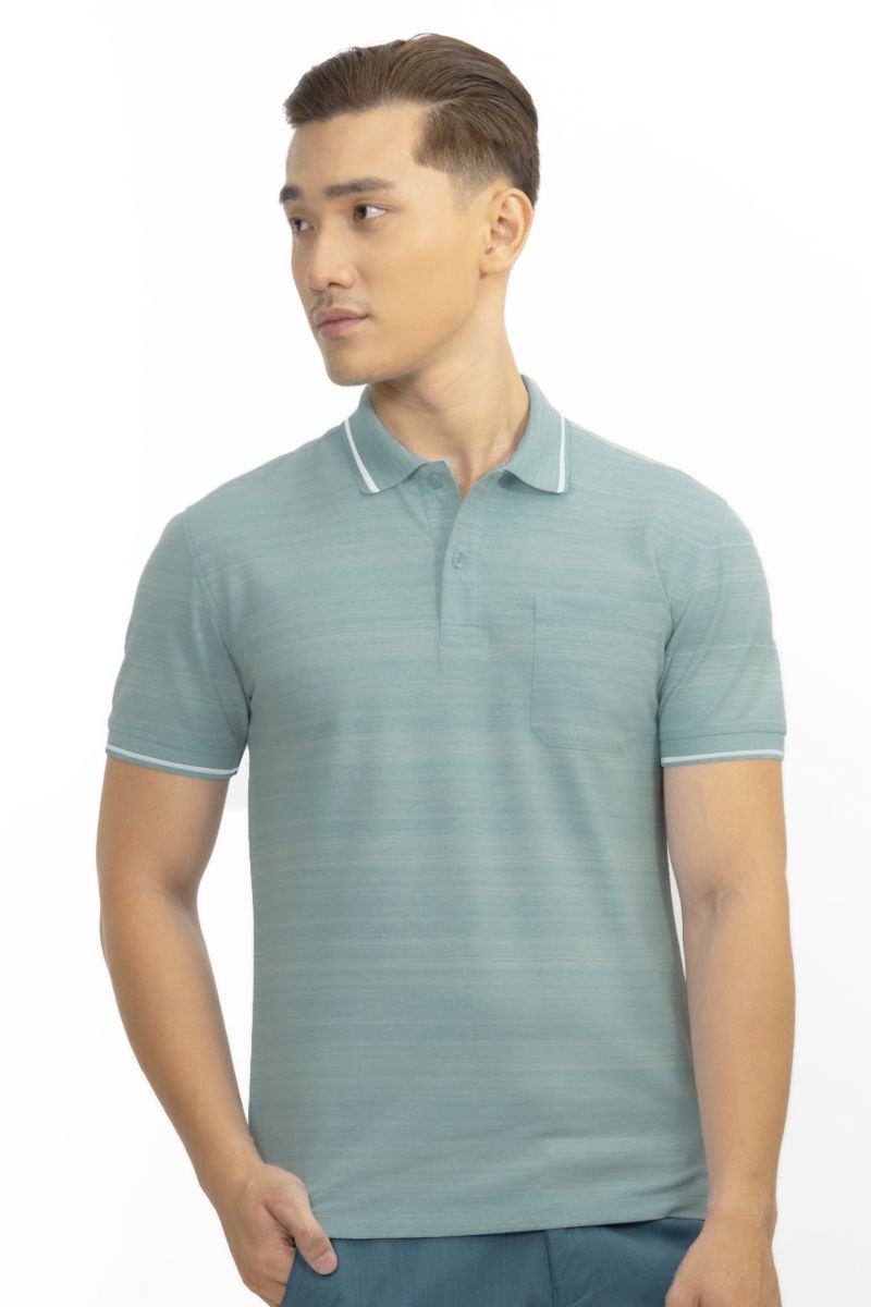 Áo Polo nam Novelty Regular fit melange dệt viền có túi xám xanh NATMMNMCSR210120N