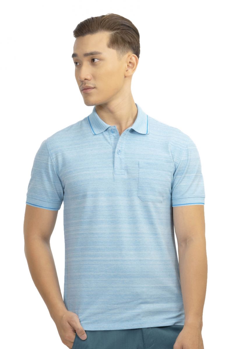 Áo Polo nam Novelty Regular fit melange dệt viền có túi xanh ya NATMMDMCSR210119N