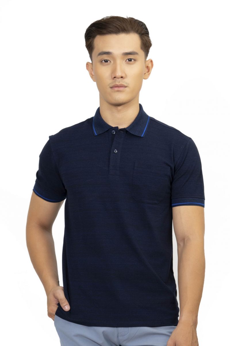 Áo Polo nam Novelty Regular fit melange dệt viền có túi đen bích NATMMTMCSR210121N