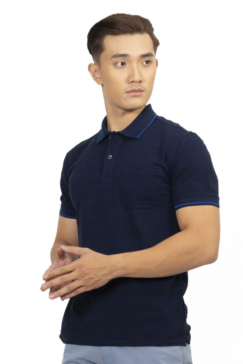 Áo Polo nam Novelty Regular fit melange dệt viền có túi đen bích NATMMTMCSR210121N