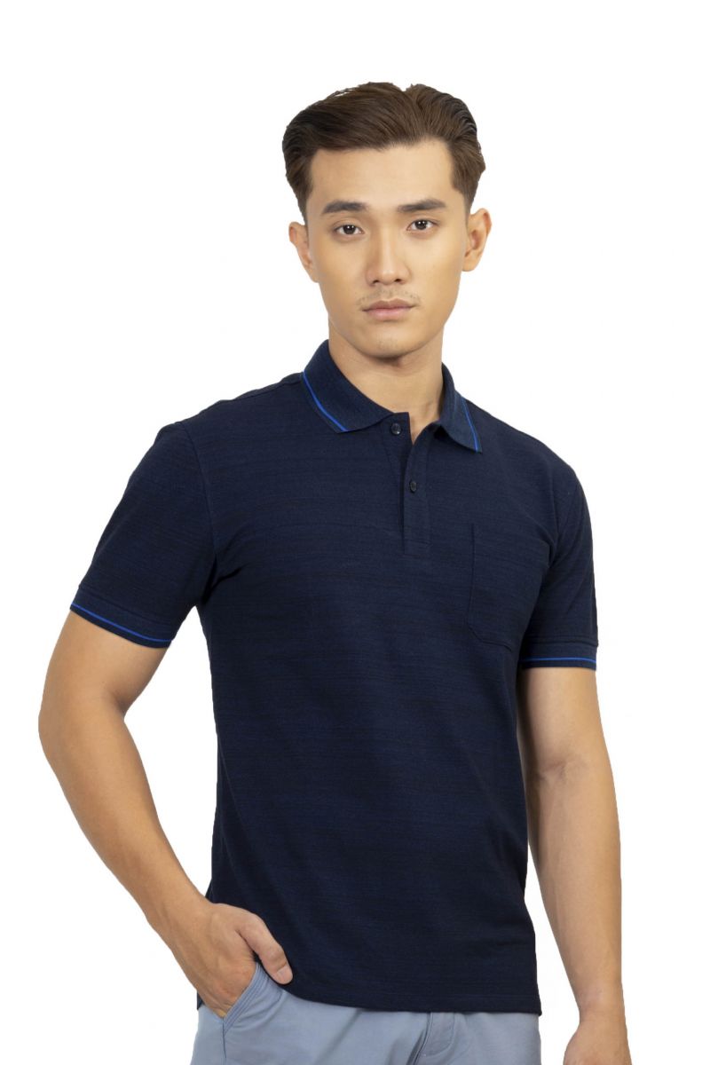 Áo Polo nam Novelty Regular fit melange dệt viền có túi đen bích NATMMTMCSR210121N