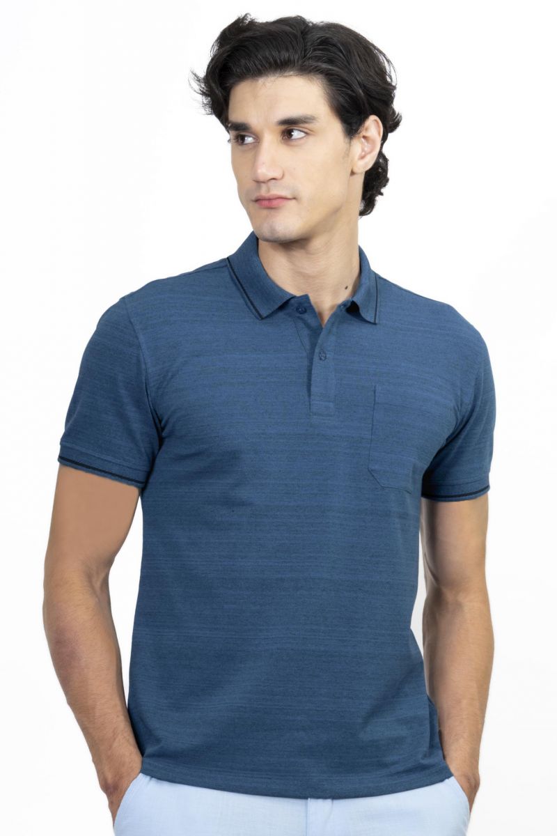 Áo Polo nam Novelty Regular fit melange dệt viền có túi xanh blue NATMMDMCSR210117N