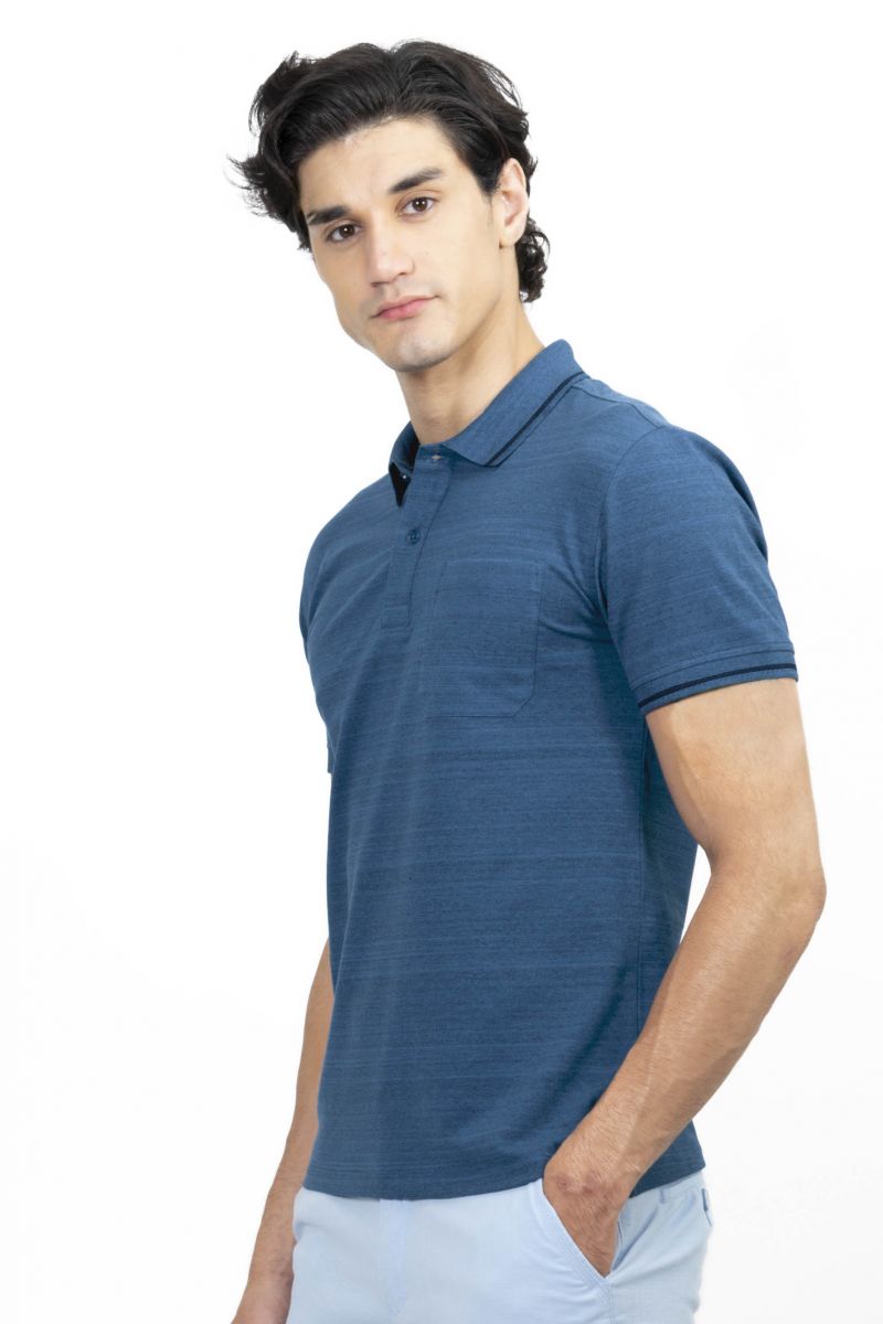 Áo Polo nam Novelty Regular fit melange dệt viền có túi xanh blue NATMMDMCSR210117N