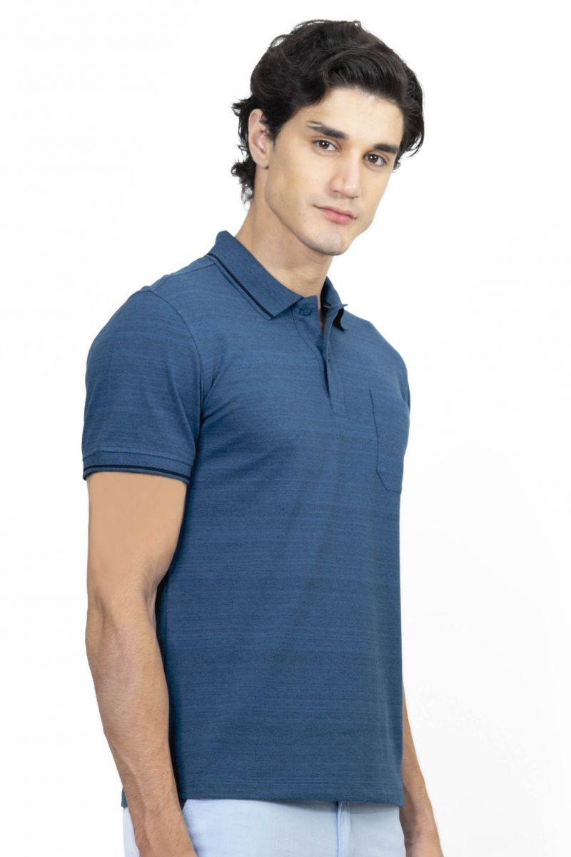 Áo thun Polo melange dệt viền có túi xanh blue NATMMDMCSR210117N