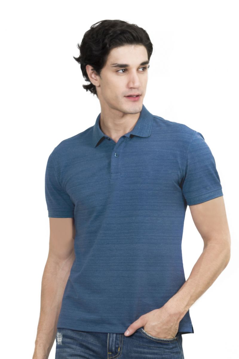 Áo thun Polo melange dệt chìm xương cá không túi xanh blue NATMMDMCSR210110N