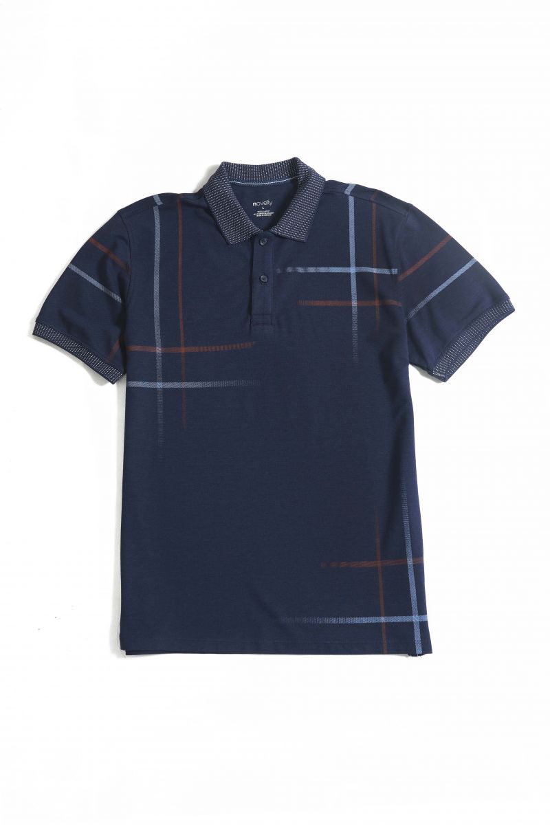 Áo Polo nam Novelty Regular fit họa tiết tràn thân, cổ bo dệt họa tiết xanh navy NATMMDMBSR210132N