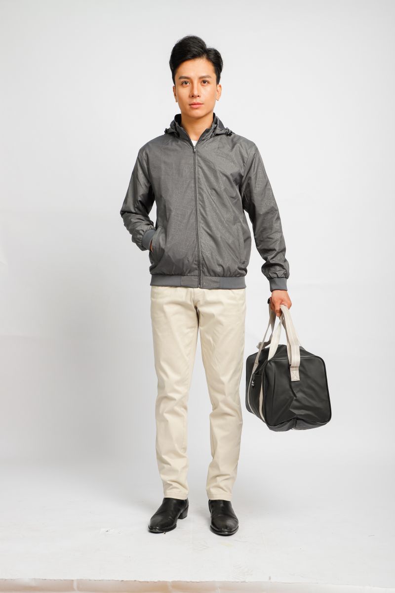 Áo jacket nam in chìm nón rời Novelty xám đậm NJKMMDMPLR2203262