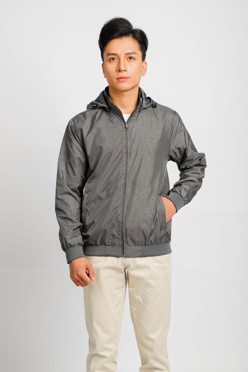 Áo jacket nam in chìm nón rời Novelty xám đậm NJKMMDMPLR2203262