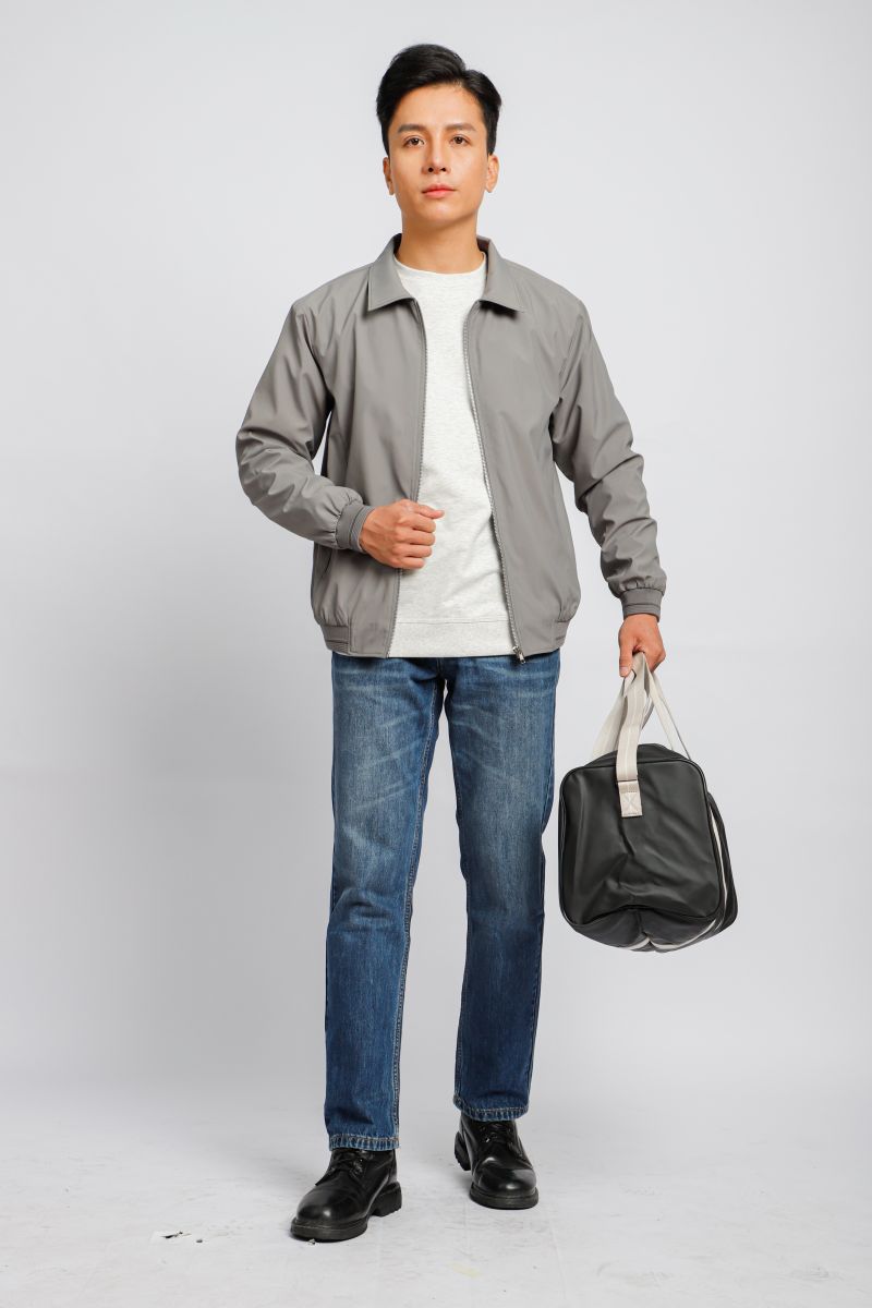Áo jacket 2 lớp bonding Novelty cổ bẻ  màu xám NJKMMTM2203142