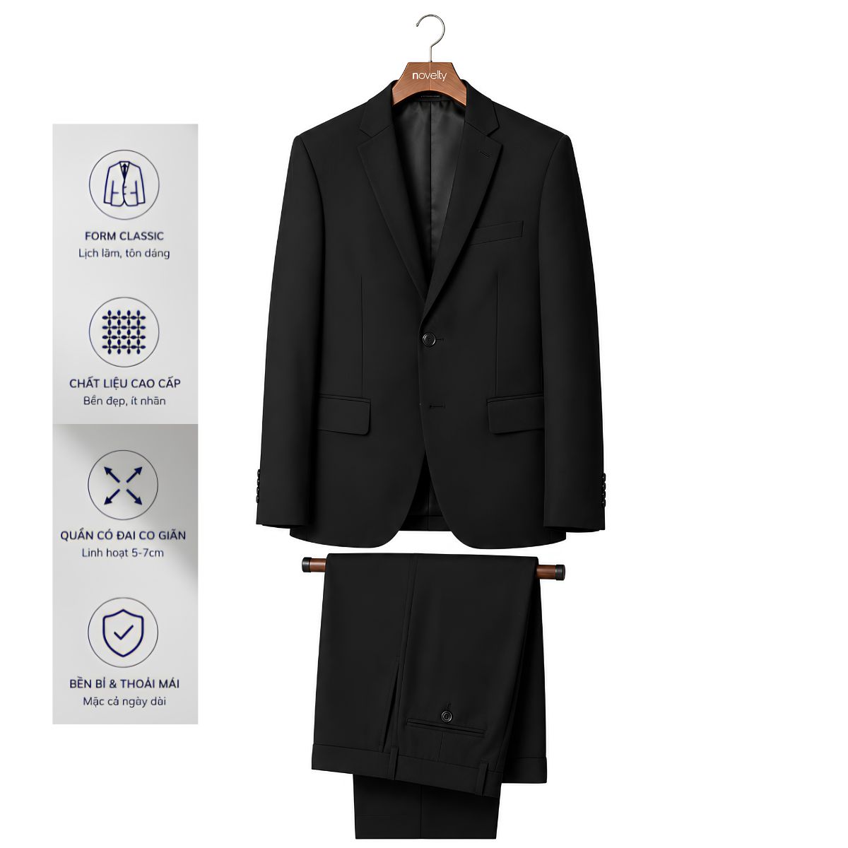 BỘ VEST NAM 2 NÚT NOVELTY CLASSIC ĐAI LƯNG CO GIÃN MÀU ĐEN NVTMMDMT3C2610252