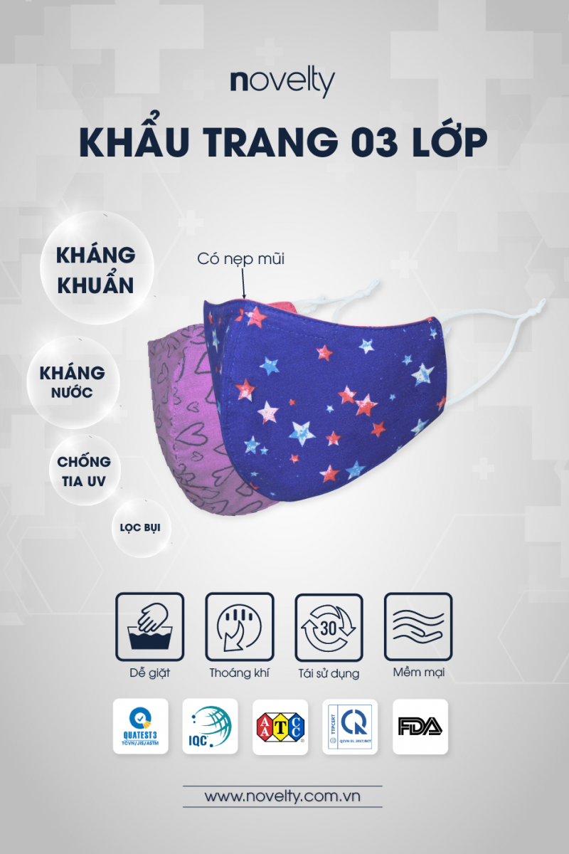 Bộ 6 Khẩu trang vải 3 lớp NOVELTY kháng khuẩn, kháng nước, chống tia UV