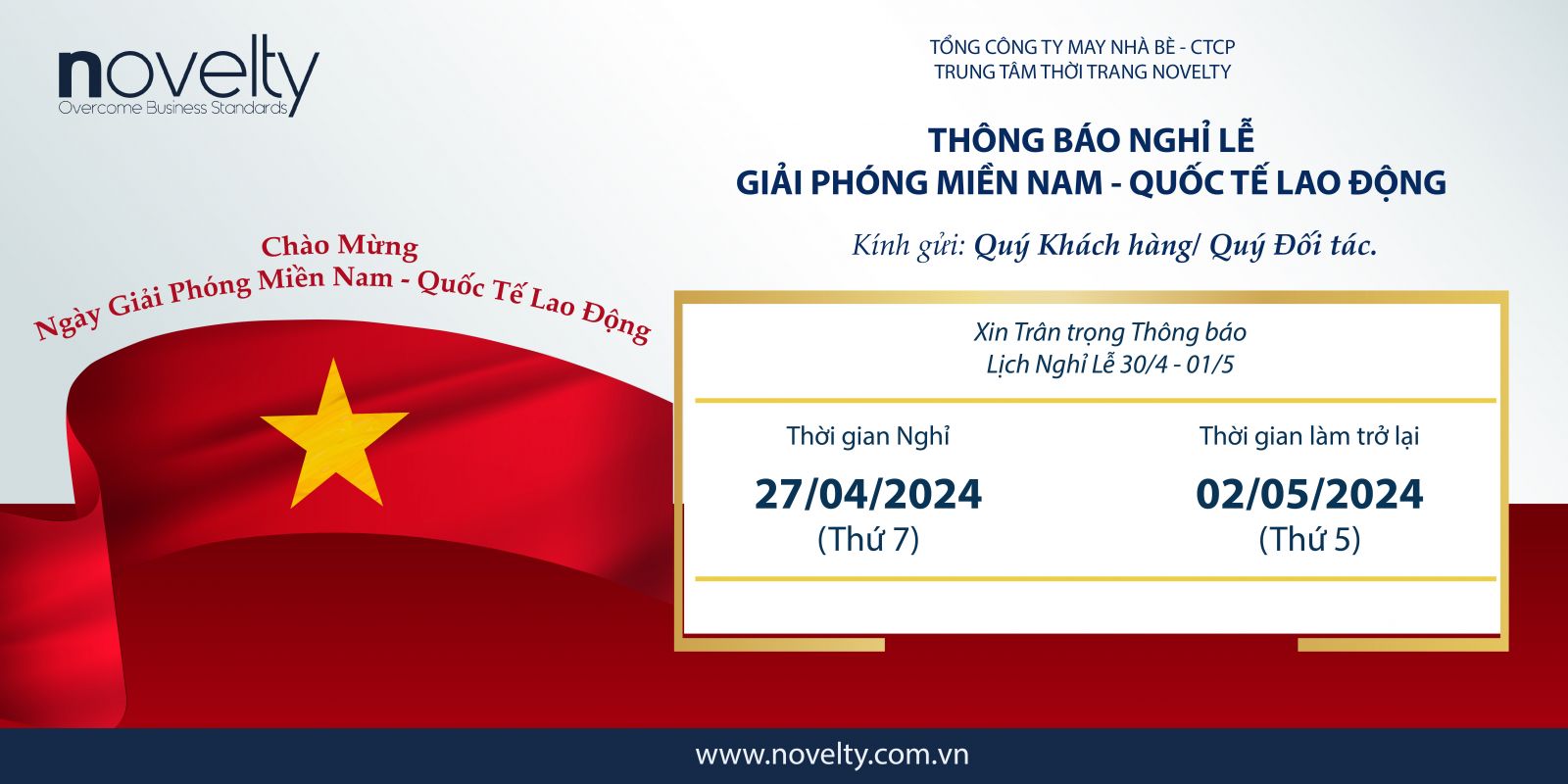 THÔNG BÁO NGHỈ LỄ GIẢI PHÓNG MIỀN NAM 30/4 - QUỐC TẾ LAO ĐỘNG 01/05