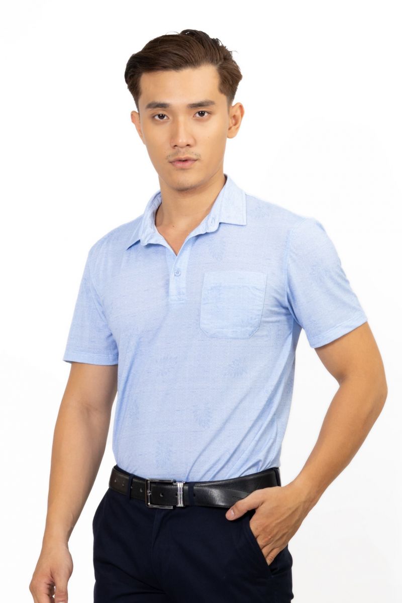 Áo Polo nam Novelty Regular fit cổ sơ mi hoa văn xanh da trời NATMINMCLR191115N