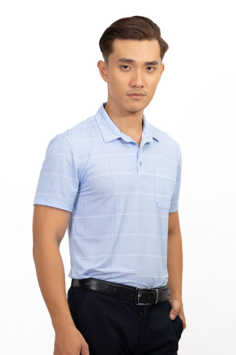 Áo Polo nam Novelty Regular fit cổ sơ mi hoa văn xanh da trời nhạt NATMCNMCLR191117N