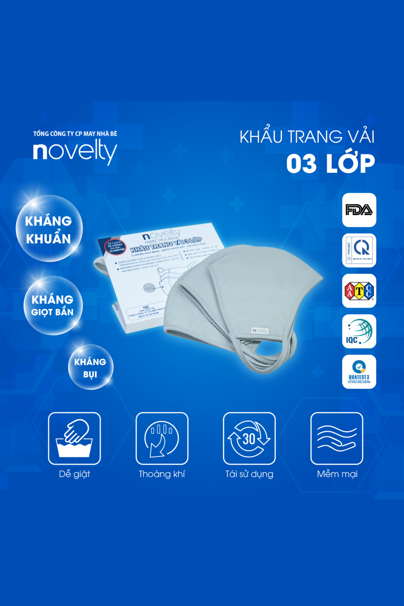 Bộ 9 Khẩu trang xám vải 3 lớp NOVELTY chất liệu vải kháng khuẩn