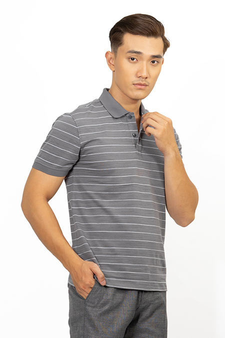 Áo Polo nam Novelty Regular fit sọc ngang màu xám NATMSLMCSR191236N