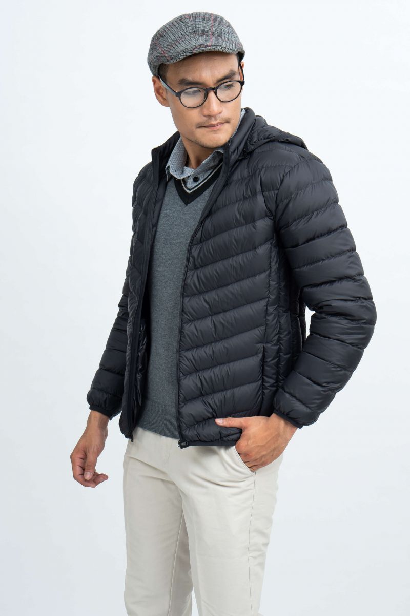 Áo Jacket nam Novlety 03 lớp lông vũ thật màu đen chần xéo NJKMMDMNLR1806174