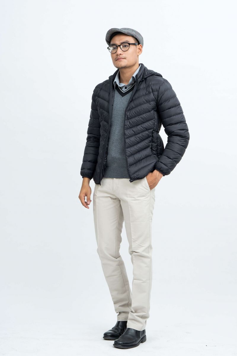 Áo Jacket nam Novlety 03 lớp lông vũ thật màu đen chần xéo NJKMMDMNLR1806174