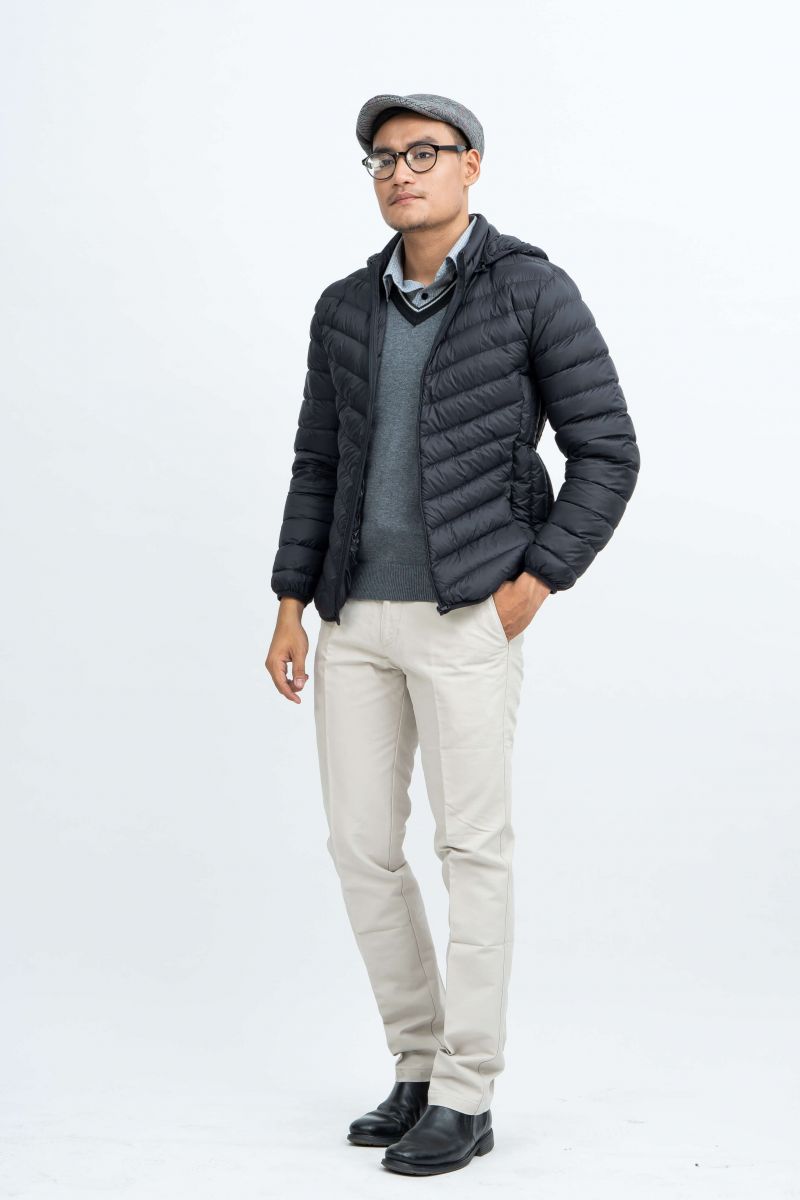 Áo Jacket nam Novlety 03 lớp lông vũ thật màu đen 1806174 chần xéo