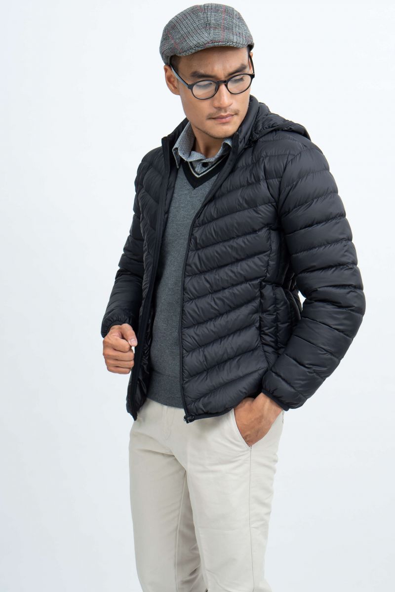 Áo Jacket nam Novlety 03 lớp lông vũ thật màu đen chần xéo NJKMMDMNLR1806174