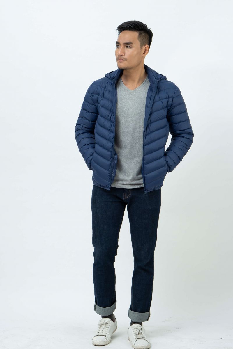 Áo Jacket nam Novelty 03 lớp lông vũ thật màu xanh đen chần xéo NJKMMDMNLR1806184