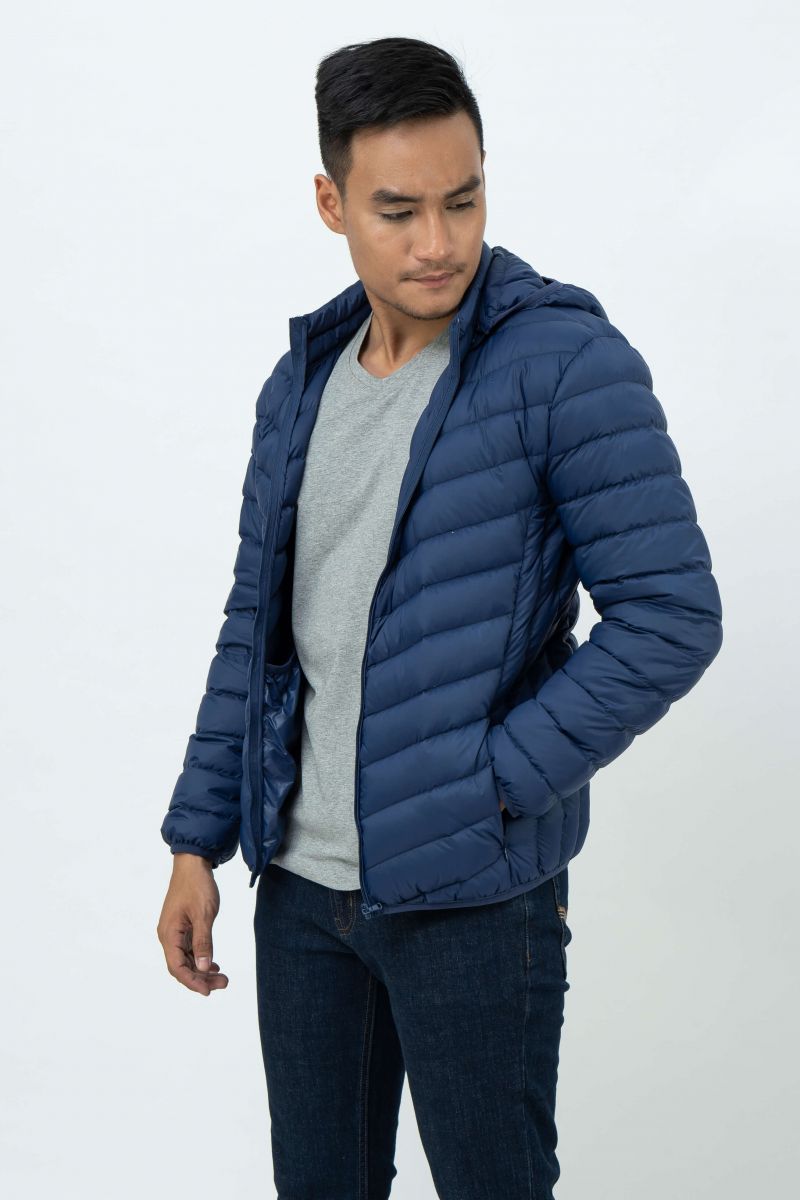 Áo Jacket nam Novelty 03 lớp lông vũ thật màu xanh đen chần xéo NJKMMDMNLR1806184