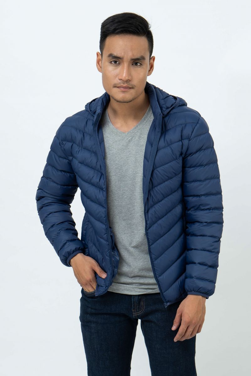 Áo Jacket nam Novelty 03 lớp lông vũ thật màu xanh đen chần xéo NJKMMDMNLR1806184