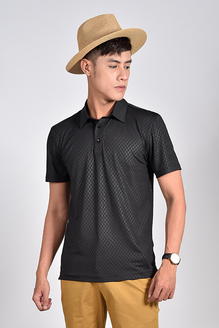 Áo Polo nam Novelty Regular fit đen cổ sơ mi họa tiết nhỏ NATMMDNPSR181225N