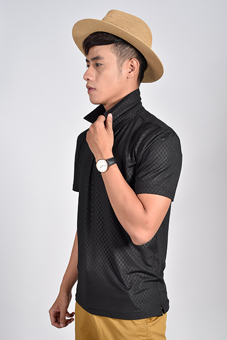 Áo Polo nam Novelty Regular fit đen cổ sơ mi họa tiết nhỏ NATMMDNPSR181225N