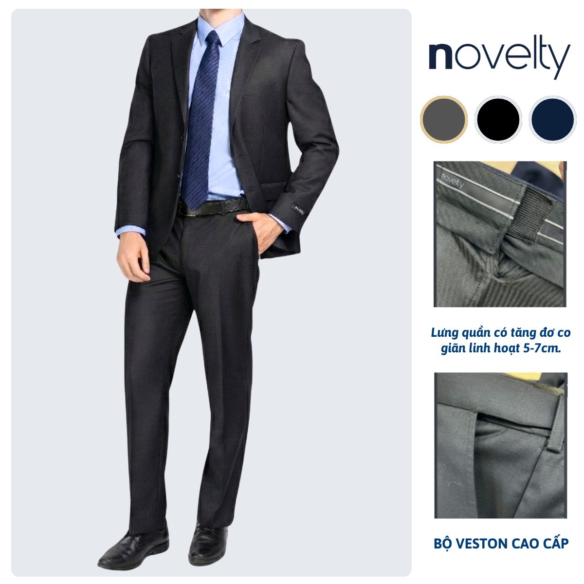 BỘ VEST NAM 2 NÚT NOVELTY CLASSIC ĐAI LƯNG CO GIÃN MÀU XÁM ĐẬM NVTMMDMT3C2506492