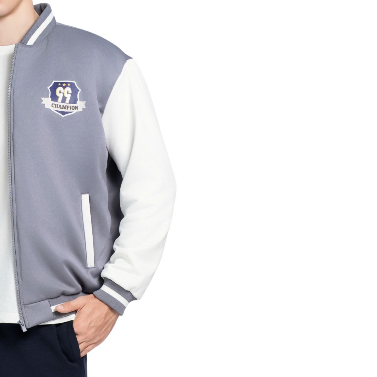 ÁO KHOÁC BÓNG CHÀY NAM 2 LỚP NOVELTY DÁNG BOMBER CÓ KHÓA KÉO MÀU XÁM PHỐI TRẮNG NJKMMDMPLB2505452