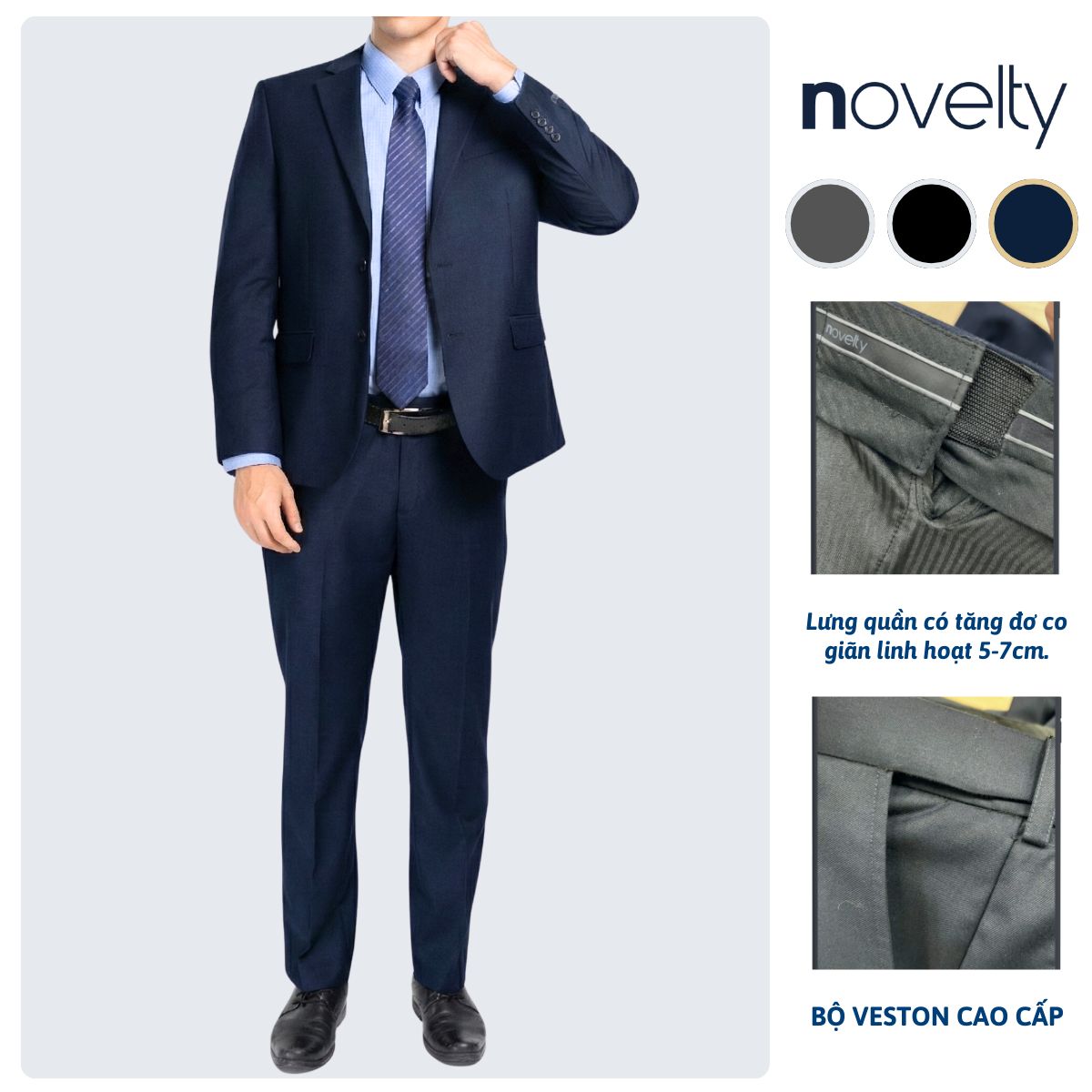 BỘ VEST NAM 2 NÚT NOVELTY CLASSIC ĐAI LƯNG CO GIÃN MÀU XANH ĐEN NVTMMDMT3C2506502