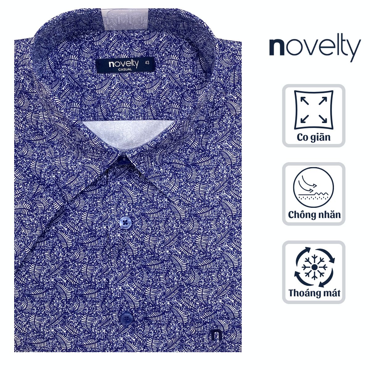 ÁO SƠ MI NAM NGẮN TAY NOVELTY CASUAL SPUN HOA VĂN XANH ĐẬM NSMMINMSPB260808N