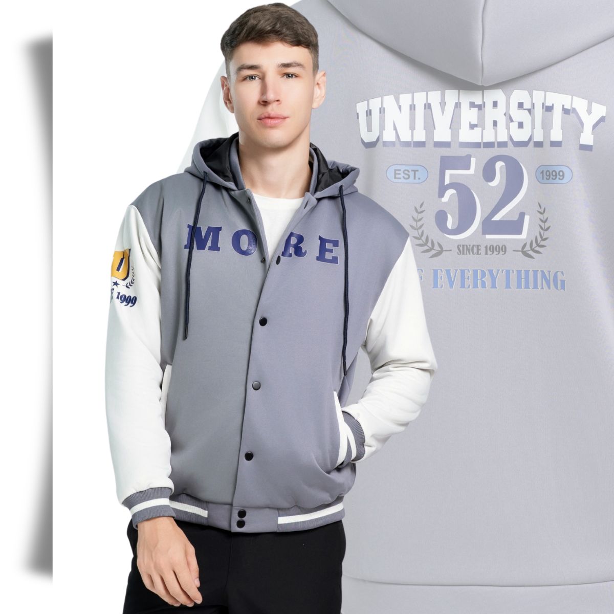 ÁO KHOÁC BÓNG CHÀY NAM 2 LỚP NOVELTY DÁNG BOMBER CÓ NÓN MÀU XÁM PHỐI TRẮNG NJKMMTMPLB2505422