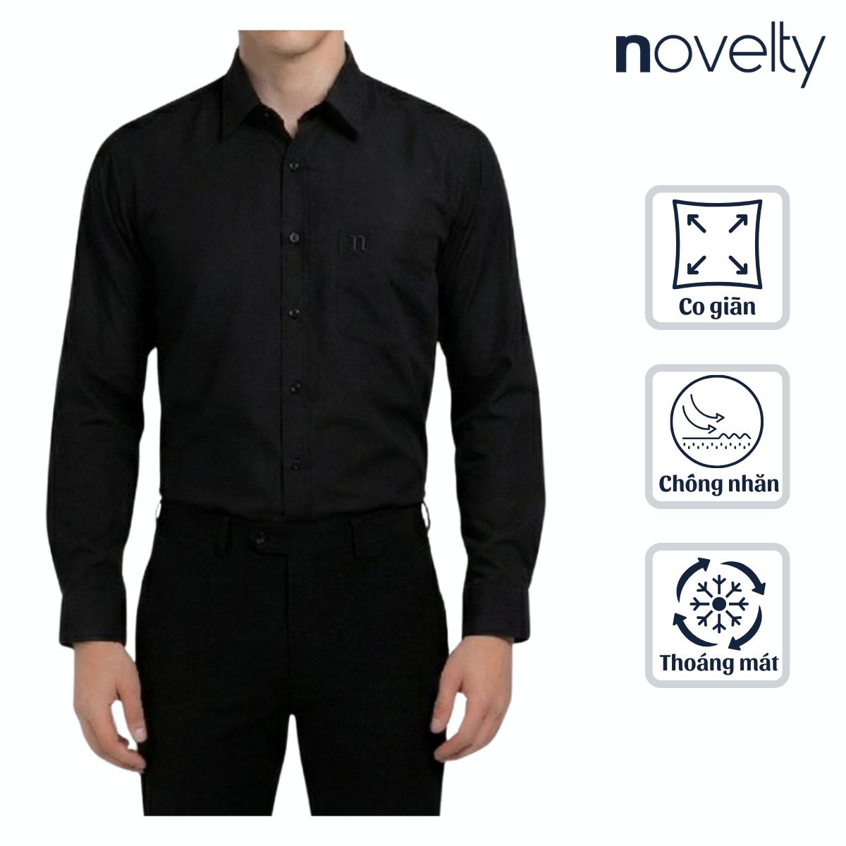 ÁO SƠ MI NAM DÀI TAY NOVELTY REGULAR FIT SPUN TRƠN MÀU ĐEN NSMMMNMSPR250790D