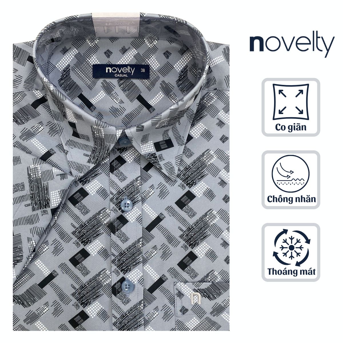 ÁO SƠ MI NAM NGẮN TAY NOVELTY CASUAL SPUN HOA VĂN XÁM NSMMINMSPB260809N