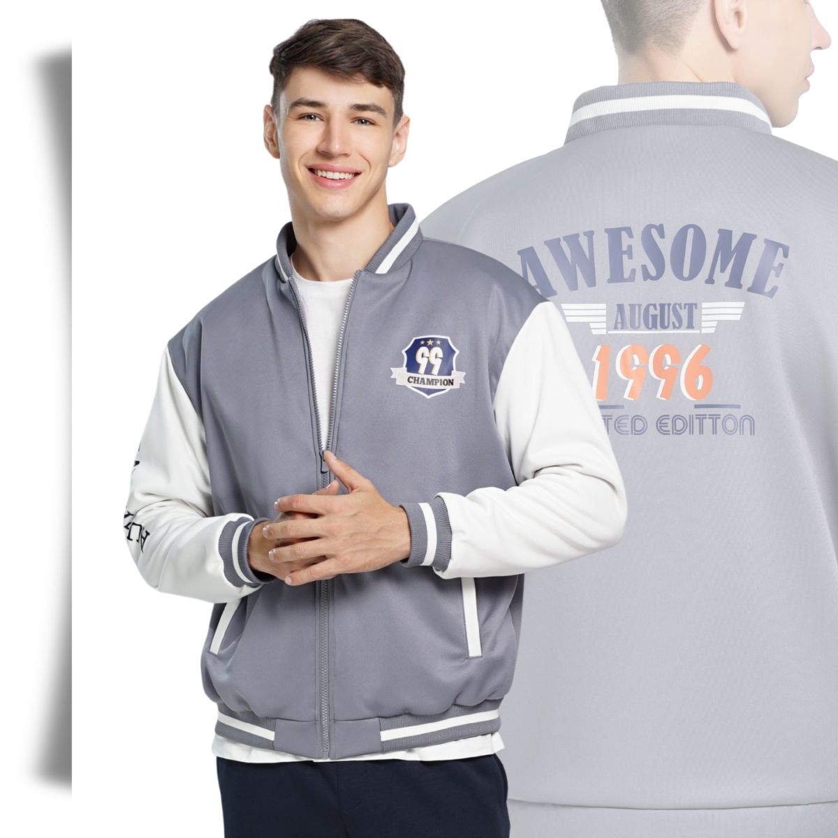ÁO KHOÁC BÓNG CHÀY NAM 2 LỚP NOVELTY DÁNG BOMBER CÓ KHÓA KÉO MÀU XÁM PHỐI TRẮNG NJKMMDMPLB2505452