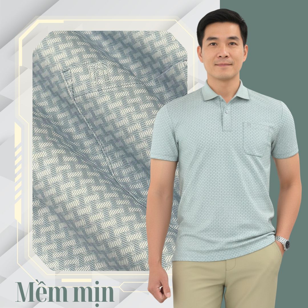 ÁO POLO NAM NOVELTY REGULAR FIT MODAL CÓ TÚI HOA VĂN ĐAN LÁT XANH NHẠT NATMINMT3R250427N