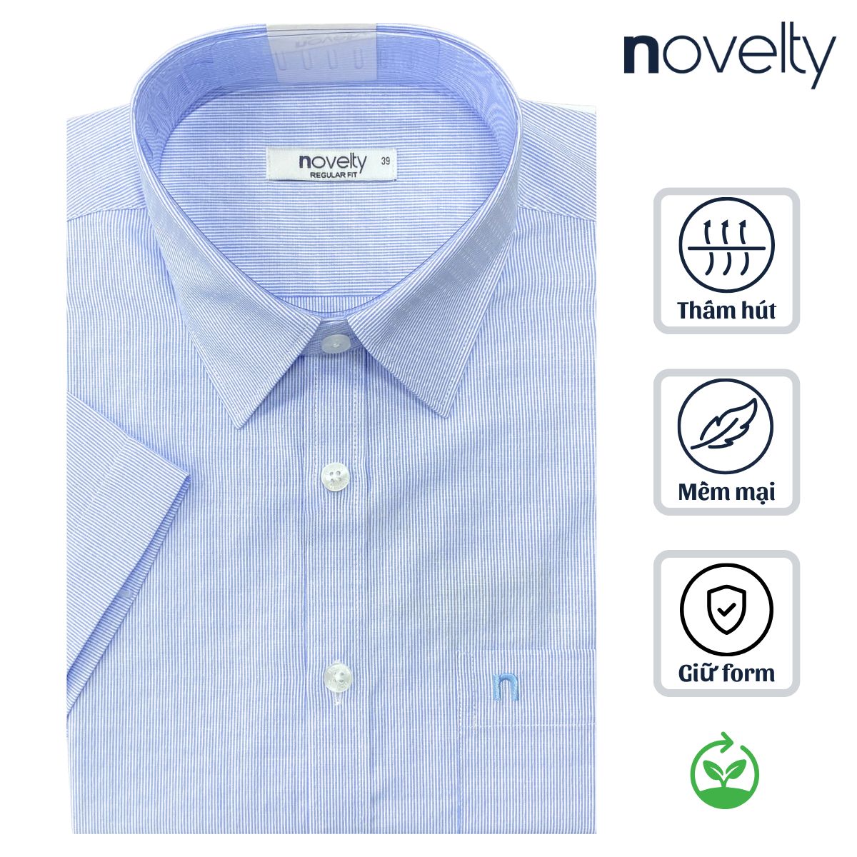 ÁO SƠ MI NAM NGẮN TAY NOVELTY REGULAR FIT T/C RECYCLED SỌC NHỎ XANH NSMMSNMRCR250783N